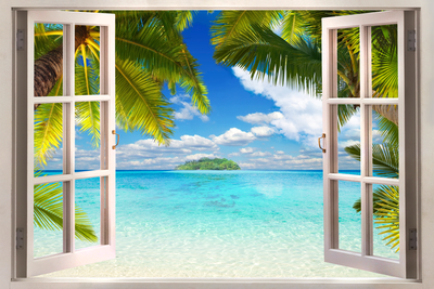 Vooraanzicht van Window sea view. De volledige gedrukte compositie is te zien zonder het schuine productaanzicht of de detailopname van het geloppervlak.