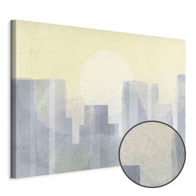Schuin productaanzicht van Modern city wide - third. Het motief loopt door over de randen van het canvas. Een ronde detailopname toont het reliëf van het geloppervlak.