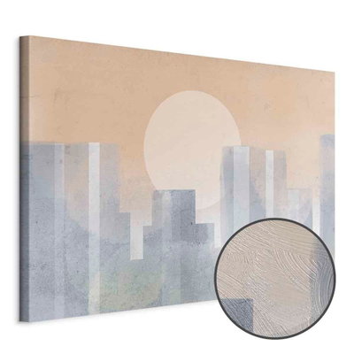 Schuin productaanzicht van Modern city wide - second. Het motief loopt door over de randen van het canvas. Een ronde detailopname toont het reliëf van het geloppervlak.