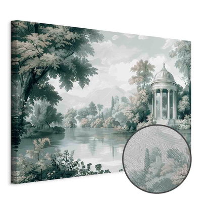 Schuin productaanzicht van View of the park and lake. Het motief loopt door over de randen van het canvas. Een ronde detailopname toont het reliëf van het geloppervlak.
