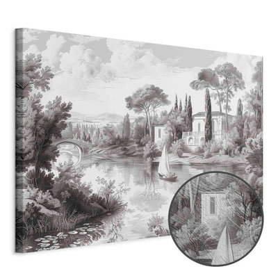 Schuin productaanzicht van Black and white vintage. Het motief loopt door over de randen van het canvas. Een ronde detailopname toont het reliëf van het geloppervlak.