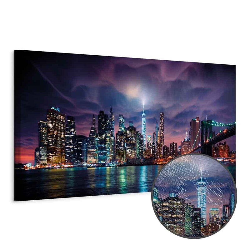 Produktvy av New york dark city. En rund detaljförstoring visar den strukturerade gelytan.