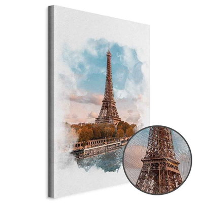 Schuin productaanzicht van Paris view. Het motief loopt door over de randen van het canvas. Een ronde detailopname toont het reliëf van het geloppervlak.