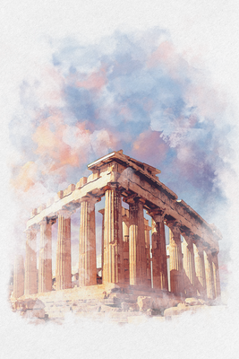 Vooraanzicht van Painted parthenon. De volledige gedrukte compositie is te zien zonder het schuine productaanzicht of de detailopname van het geloppervlak.