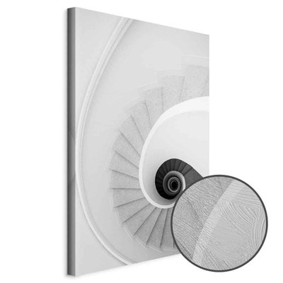 Schuin productaanzicht van White stairs. Het motief loopt door over de randen van het canvas. Een ronde detailopname toont het reliëf van het geloppervlak.