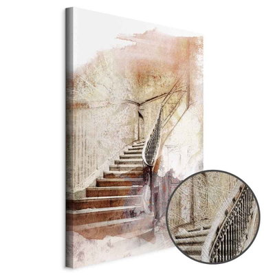 Schuin productaanzicht van Secret stairs. Het motief loopt door over de randen van het canvas. Een ronde detailopname toont het reliëf van het geloppervlak.