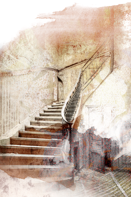 Vooraanzicht van Secret stairs. De volledige gedrukte compositie is te zien zonder het schuine productaanzicht of de detailopname van het geloppervlak.