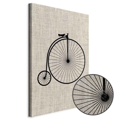 Schuin productaanzicht van Vintage bicycle. Het motief loopt door over de randen van het canvas. Een ronde detailopname toont het reliëf van het geloppervlak.