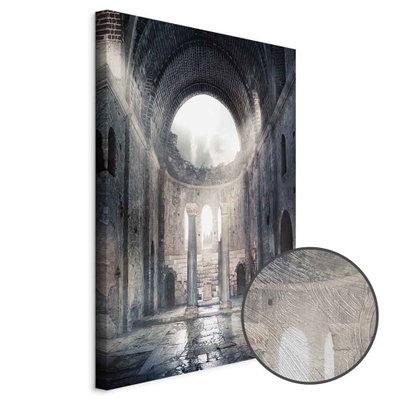 Schuin productaanzicht van Chamber of secrets. Het motief loopt door over de randen van het canvas. Een ronde detailopname toont het reliëf van het geloppervlak.