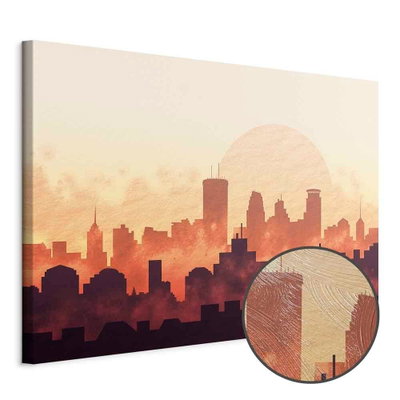 Schuin productaanzicht van Heat of the city wide. Het motief loopt door over de randen van het canvas. Een ronde detailopname toont het reliëf van het geloppervlak.
