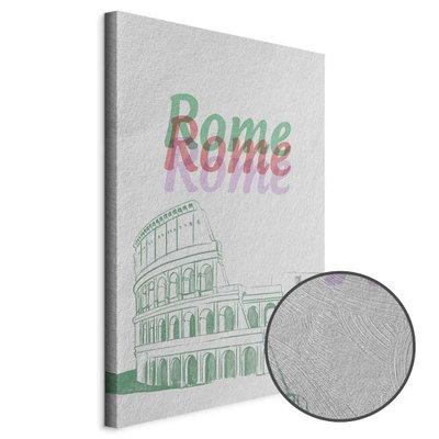 Schuin productaanzicht van Rome in watercolours. Het motief loopt door over de randen van het canvas. Een ronde detailopname toont het reliëf van het geloppervlak.