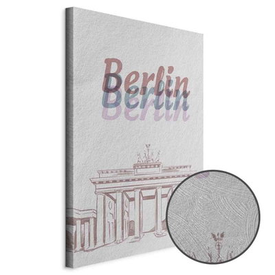 Schuin productaanzicht van Berlin in watercolours. Het motief loopt door over de randen van het canvas. Een ronde detailopname toont het reliëf van het geloppervlak.