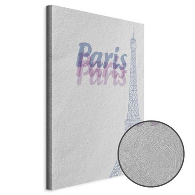 Schuin productaanzicht van Paris in watercolours. Het motief loopt door over de randen van het canvas. Een ronde detailopname toont het reliëf van het geloppervlak.