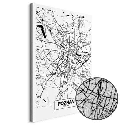 Schuin productaanzicht van City plan poznan. Het motief loopt door over de randen van het canvas. Een ronde detailopname toont het reliëf van het geloppervlak.