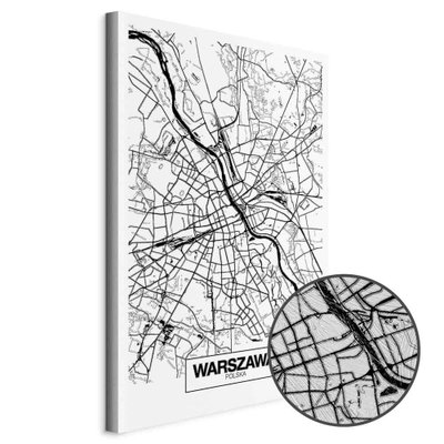 Schuin productaanzicht van City plan warszawa. Het motief loopt door over de randen van het canvas. Een ronde detailopname toont het reliëf van het geloppervlak.