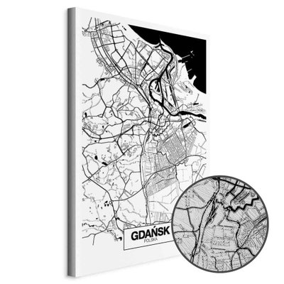 Schuin productaanzicht van City plan gdansk. Het motief loopt door over de randen van het canvas. Een ronde detailopname toont het reliëf van het geloppervlak.