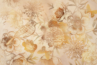 Vooraanzicht van Golden mosaic of nature wide. De volledige gedrukte compositie is te zien zonder het schuine productaanzicht of de detailopname van het geloppervlak.