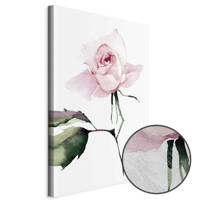 Schuin productaanzicht van Lonely rose. Het motief loopt door over de randen van het canvas. Een ronde detailopname toont het reliëf van het geloppervlak.