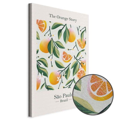 Schuin productaanzicht van The orange story. Het motief loopt door over de randen van het canvas. Een ronde detailopname toont het reliëf van het geloppervlak.