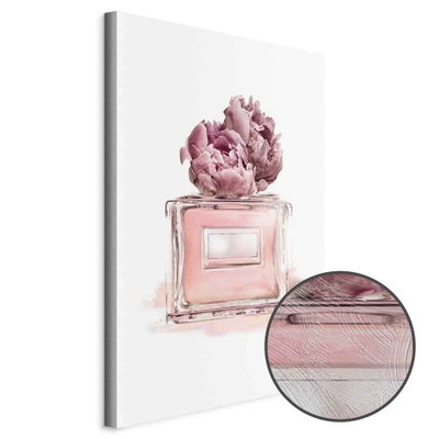 Schuin productaanzicht van Parisian dream. Het motief loopt door over de randen van het canvas. Een ronde detailopname toont het reliëf van het geloppervlak.