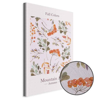 Schuin productaanzicht van Fall colors. Het motief loopt door over de randen van het canvas. Een ronde detailopname toont het reliëf van het geloppervlak.