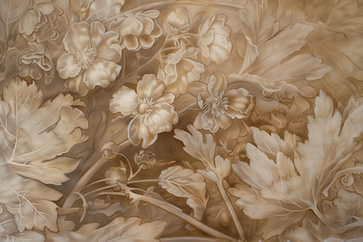 Vooraanzicht van Floral ornaments carved in. De volledige gedrukte compositie is te zien zonder het schuine productaanzicht of de detailopname van het geloppervlak.