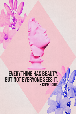 Vooraanzicht van Beauty in the eyes -. De volledige gedrukte compositie is te zien zonder het schuine productaanzicht of de detailopname van het geloppervlak.