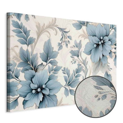 Schuin productaanzicht van Turquoise flowers in retro. Het motief loopt door over de randen van het canvas. Een ronde detailopname toont het reliëf van het geloppervlak.