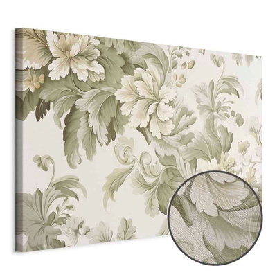 Schuin productaanzicht van Retro vintage flowers in. Het motief loopt door over de randen van het canvas. Een ronde detailopname toont het reliëf van het geloppervlak.