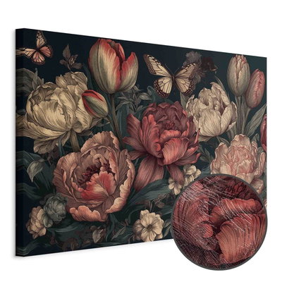 Schuin productaanzicht van Flowers on a turquoise. Het motief loopt door over de randen van het canvas. Een ronde detailopname toont het reliëf van het geloppervlak.