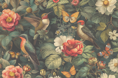 Vooraanzicht van Flowers birds and. De volledige gedrukte compositie is te zien zonder het schuine productaanzicht of de detailopname van het geloppervlak.
