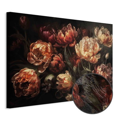 Schuin productaanzicht van Blooming tulips. Het motief loopt door over de randen van het canvas. Een ronde detailopname toont het reliëf van het geloppervlak.