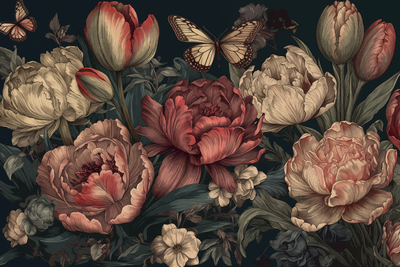 Vooraanzicht van Flowers on a turquoise. De volledige gedrukte compositie is te zien zonder het schuine productaanzicht of de detailopname van het geloppervlak.