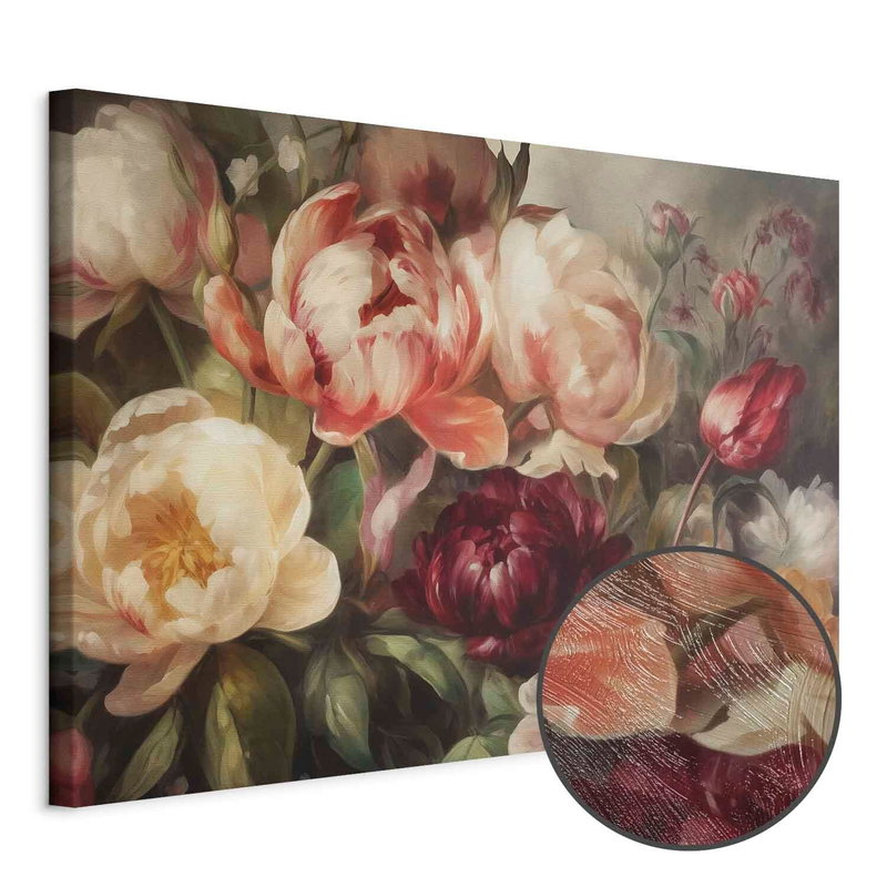 Produktvy av Charismatic peonies. En rund detaljförstoring visar den strukturerade gelytan.