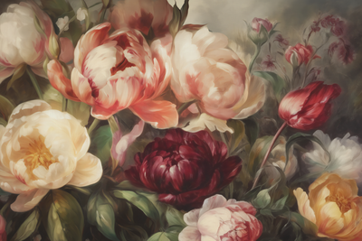 Vooraanzicht van Charismatic peonies. De volledige gedrukte compositie is te zien zonder het schuine productaanzicht of de detailopname van het geloppervlak.