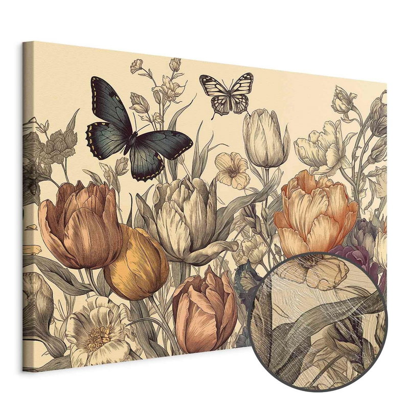 Produktvy av Colourful tulips on a cream. En rund detaljförstoring visar den strukturerade gelytan.