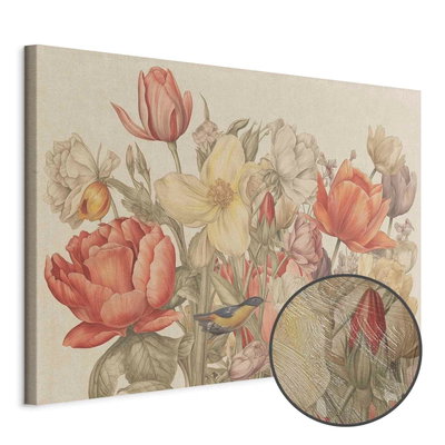 Schuin productaanzicht van Bouquet of flowers on a. Het motief loopt door over de randen van het canvas. Een ronde detailopname toont het reliëf van het geloppervlak.