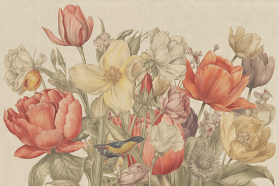 Vooraanzicht van Bouquet of flowers on a. De volledige gedrukte compositie is te zien zonder het schuine productaanzicht of de detailopname van het geloppervlak.