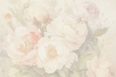 Vooraanzicht van Peonies in the mist. De volledige gedrukte compositie is te zien zonder het schuine productaanzicht of de detailopname van het geloppervlak.