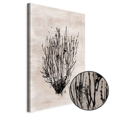 Schuin productaanzicht van Sea thickets. Het motief loopt door over de randen van het canvas. Een ronde detailopname toont het reliëf van het geloppervlak.
