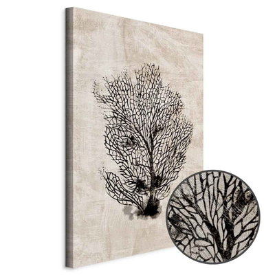 Schuin productaanzicht van Sea fan. Het motief loopt door over de randen van het canvas. Een ronde detailopname toont het reliëf van het geloppervlak.