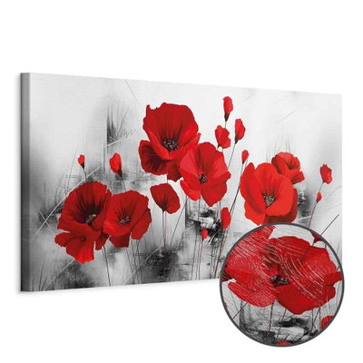 Schuin productaanzicht van Grey garden. Het motief loopt door over de randen van het canvas. Een ronde detailopname toont het reliëf van het geloppervlak.