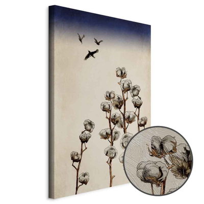 Schuin productaanzicht van Cotton branches. Het motief loopt door over de randen van het canvas. Een ronde detailopname toont het reliëf van het geloppervlak.