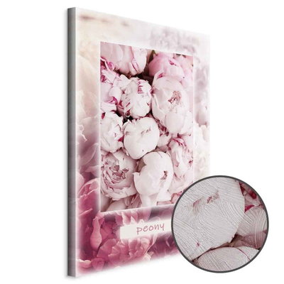 Schuin productaanzicht van Spring delicacy. Het motief loopt door over de randen van het canvas. Een ronde detailopname toont het reliëf van het geloppervlak.