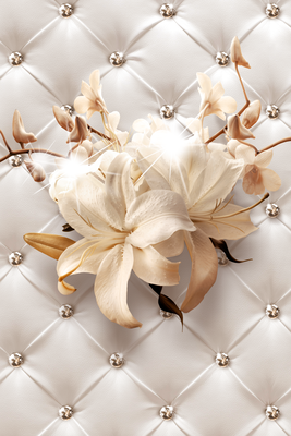 Vooraanzicht van Diamond lilies. De volledige gedrukte compositie is te zien zonder het schuine productaanzicht of de detailopname van het geloppervlak.