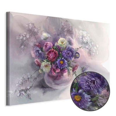 Schuin productaanzicht van Dreamer& s bouquet. Het motief loopt door over de randen van het canvas. Een ronde detailopname toont het reliëf van het geloppervlak.