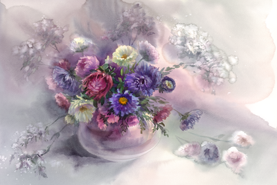 Vooraanzicht van Dreamer& s bouquet. De volledige gedrukte compositie is te zien zonder het schuine productaanzicht of de detailopname van het geloppervlak.