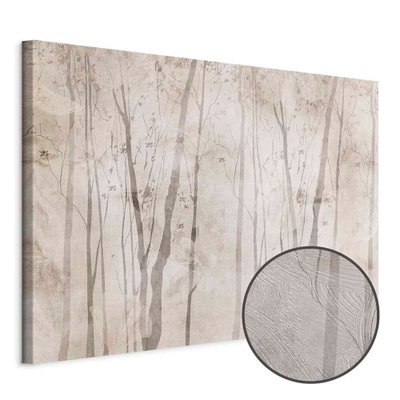 Schuin productaanzicht van Beige forest of thoughts. Het motief loopt door over de randen van het canvas. Een ronde detailopname toont het reliëf van het geloppervlak.