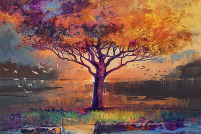 Vooraanzicht van Autumn sketches wide. De volledige gedrukte compositie is te zien zonder het schuine productaanzicht of de detailopname van het geloppervlak.
