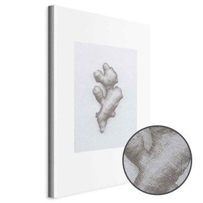 Schuin productaanzicht van Ginger. Het motief loopt door over de randen van het canvas. Een ronde detailopname toont het reliëf van het geloppervlak.